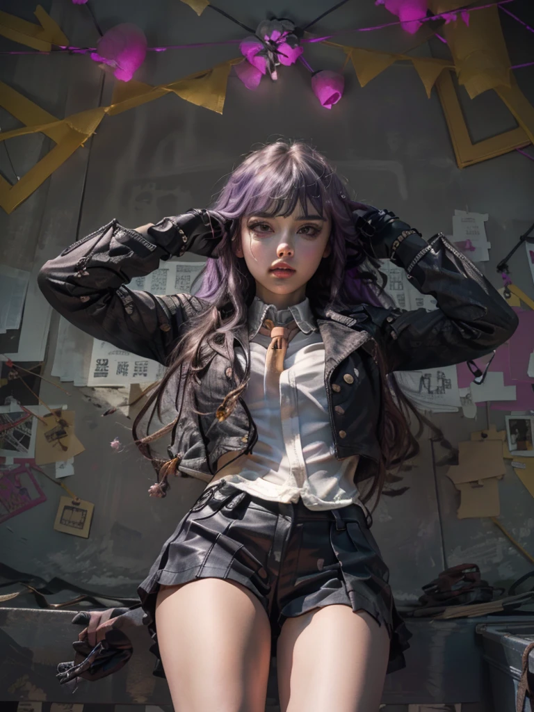 photo Realistic, masutepiece, Realistic, High contrast, hyper Detailed, Best Quality, 超A high resolution, photo Realistic, High resolution, Detailed, Raw photo, Kyoko Kirigiri, Long hair, Purple hair, Side braid, Blunt bangs, Hair Ribbon, a black ribbon, High collar, Brown tie, Black Motorcycle Jacket, Long sleeves, Black Gloves, Black mini skirt, Pleated skirt,(( Black long boots)), (((Full Shot))), Danganronpa \(Series\), Street, Full Shot, Looking at Viewer, White shirt, Woman, (((From below))), Busy city, foreshortening, (Pose Seductive), Looking at Viewer, mad, (eyecontact), japanaese girl,