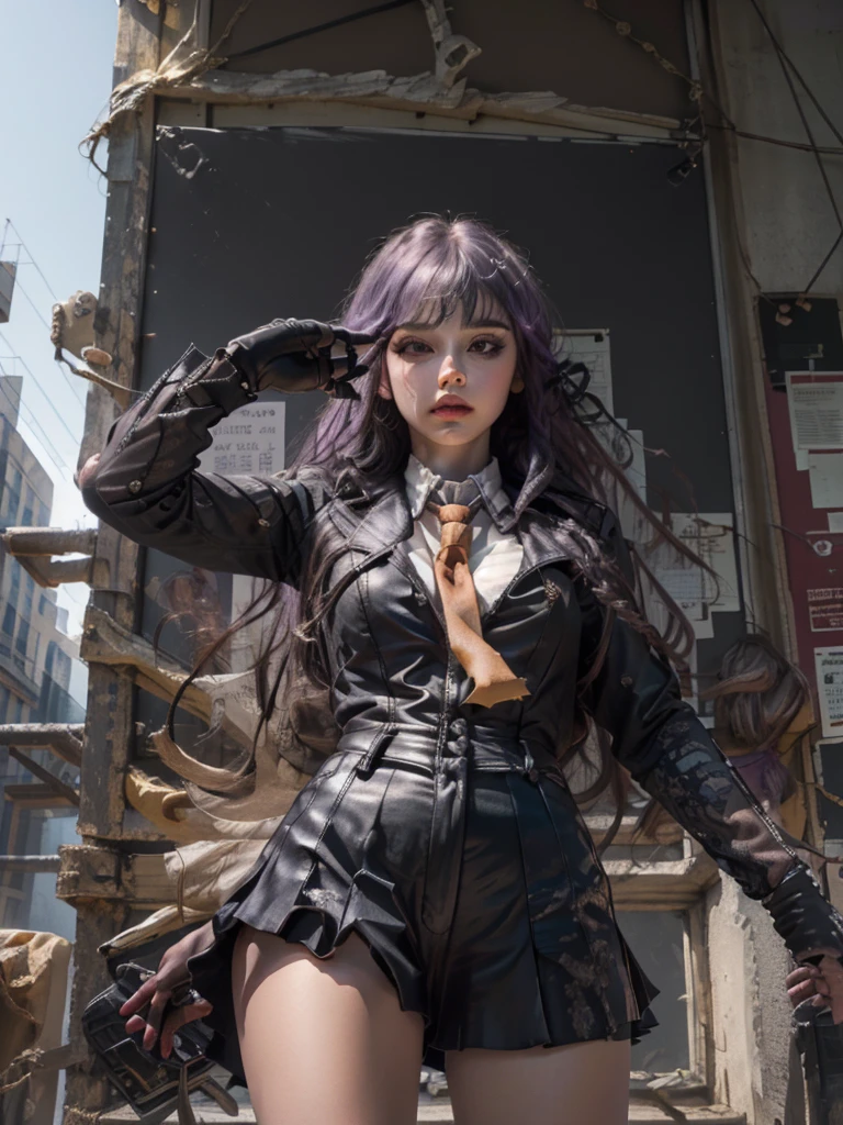 photo Realistic, masutepiece, Realistic, High contrast, hyper Detailed, Best Quality, 超A high resolution, photo Realistic, High resolution, Detailed, Raw photo, Kyoko Kirigiri, Long hair, Purple hair, Side braid, Blunt bangs, Hair Ribbon, a black ribbon, High collar, Brown tie, Black Motorcycle Jacket, Long sleeves, Black Gloves, Black mini skirt, Pleated skirt,(( Black long boots)), (((Full Shot))), Danganronpa \(Series\), Street, Full Shot, Looking at Viewer, White shirt, Woman, (((From below))), Busy city, foreshortening, (Pose Seductive), Looking at Viewer, mad, (eyecontact), japanaese girl,