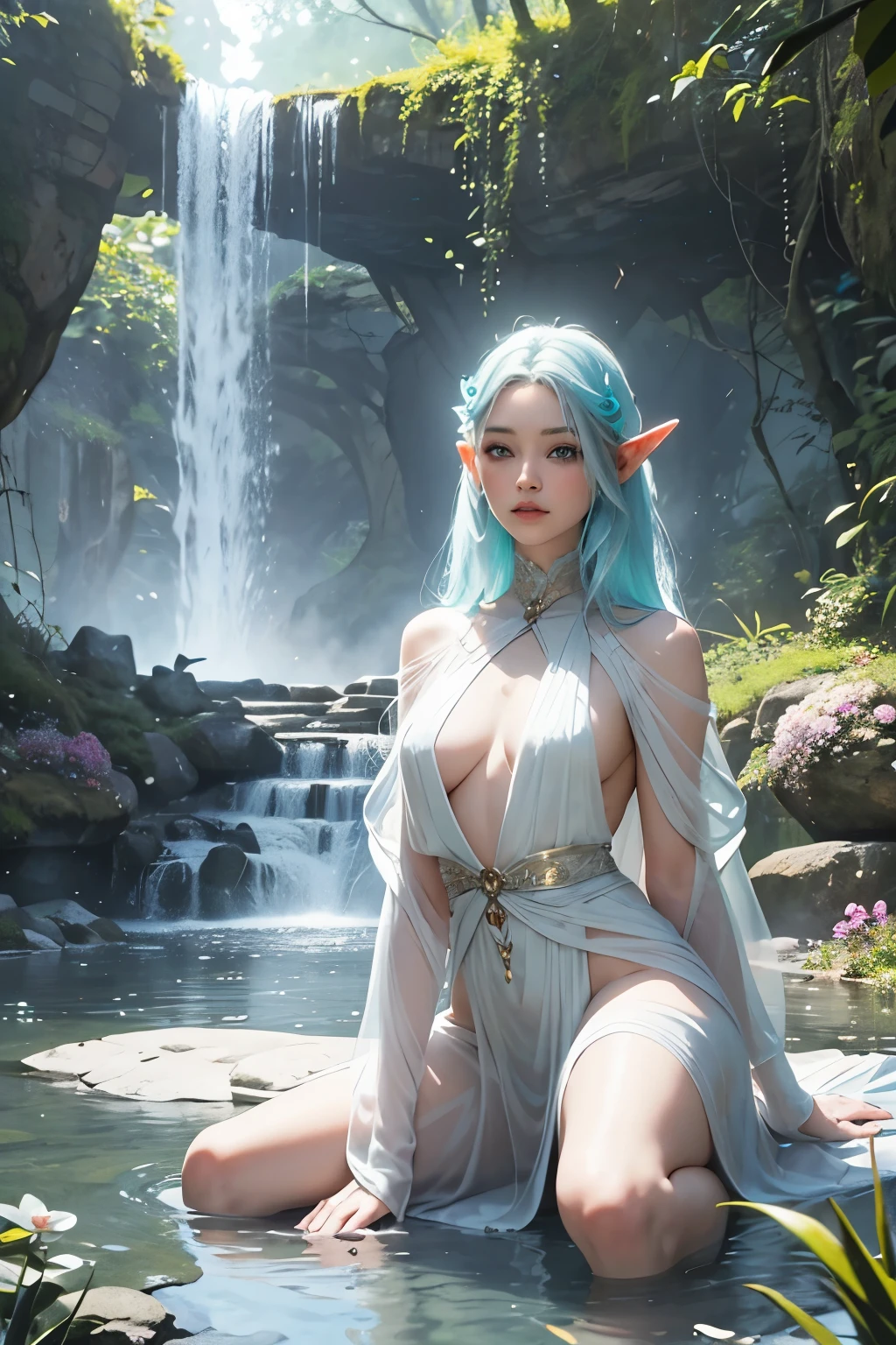 25-year-old female elf, light skin, light hair, turquoise eyes with a slight glow, oval face, very cute and beautiful face, delicate facial features, sensual lips, long straight light hair, dressed in a silk waterfall. A single piece of transparent white silk fixed on the shoulders, descending down the chest, crossing at the waist and hanging down to the knees in the front and back, leaving the sides, hips, and thighs completely bare. Arms and legs are fully exposed, without any additional accessories. Around her neck is a decoration in the shape of a translucent white orchid. She is kneeling on one knee by a stream, collecting water in a small jug. In the background is a forest glade with streams and small lakes in the gardens of an elven sanctuary, featuring elements of elven architecture amid the natural landscape. Ellaria sits by a stream, facing the camera completely. The entire garden behind her is visible in its entirety, with an emphasis on the central waterfalls and flowers.