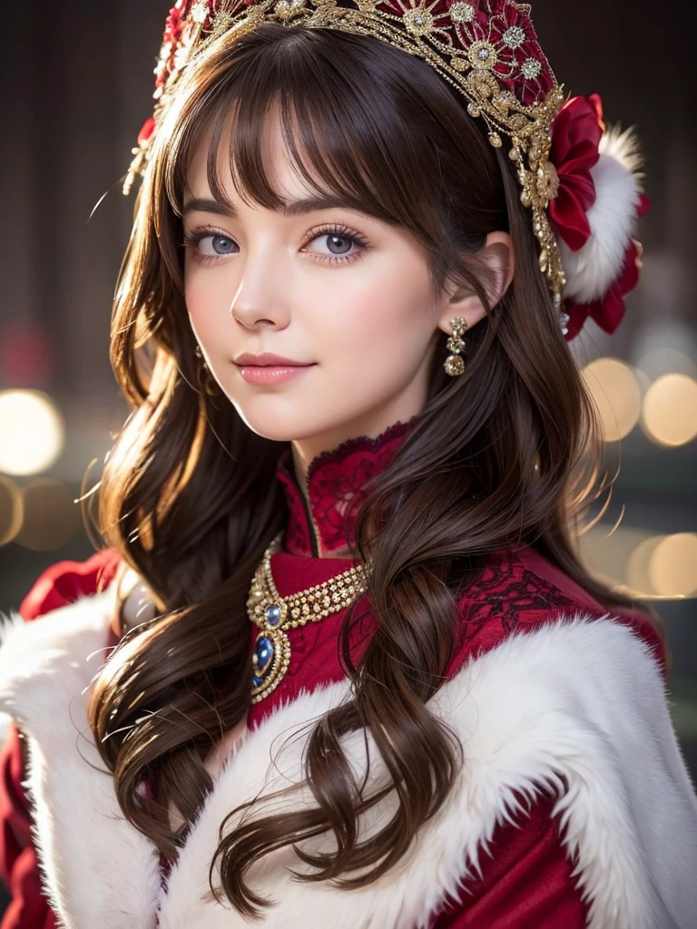 A stunning portrait of Anna Dittman-like beauty, dressed in a fitted red and white dress with fur trim, wide sleeves, and gloves, set against a darker bokeh background. Her long ash-brown hair cascades down her back as she gazes directly at the viewer with a captivating smile (1, 4). Her realistic violet eyes sparkle with intrigue. The focus is sharp, highlighting the intricate details of her outfit, from the delicate patterns to the subtle texture of the fur trim. A stunning example of hyper-detailed close-up photography.