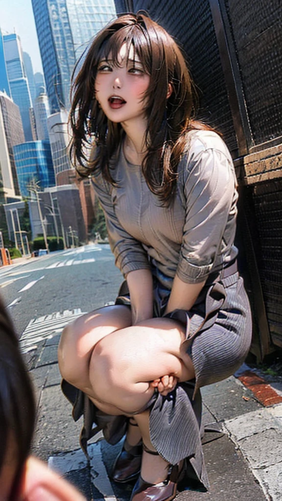 Skyscrapers in the background,masterpiece,Highest quality,High resolution,Anatomically correct,Sweat,Grey Suit,pantyhose,shirt,Spread your legs,Spread your legs,Glowing Skin,Forehead,Messy Hair,Long Bob,ID card,Bend your knees and squat,Panting