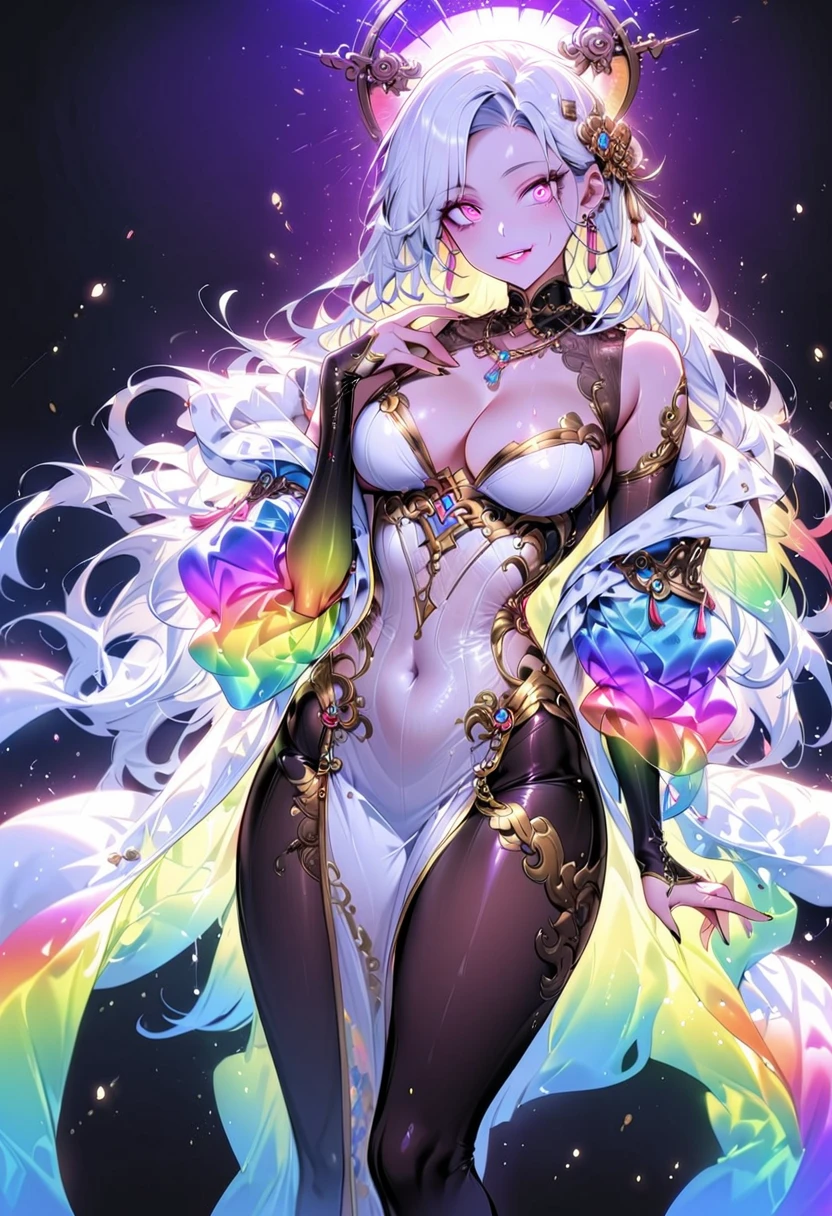 1 mature beautiful woman,(Highest quality,Extremely detailed depiction,Incredibly absurd high resolution,Anatomically accurate depiction,Curvy Legs,Detailed pupil),(Glowing Skin,Shiny skin),(A charming Chinese noble lady),(The intricately constructed costume of a Chinese goddess,See-through,Intricate embroidery,Shiny fabric,Rainbow gradient sleeves,black tights),eyelash,(Pink Eyes,Crazy Eyes,There is cleavage in the chest,Wicked Smile,Glossy Lips,Flashy makeup,Seductive gestures),Luxury accessories,earrings,necklace,whole body,background:Chinese-style mansion