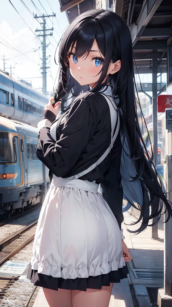 beautiful girl with long black hair, beautiful detailed blue eyes, beautiful detailed lips, extremely detailed face, cute pouty face, white skirt, dark blue jacket, train station background, anime style, highly detailed, masterpiece, soft colors