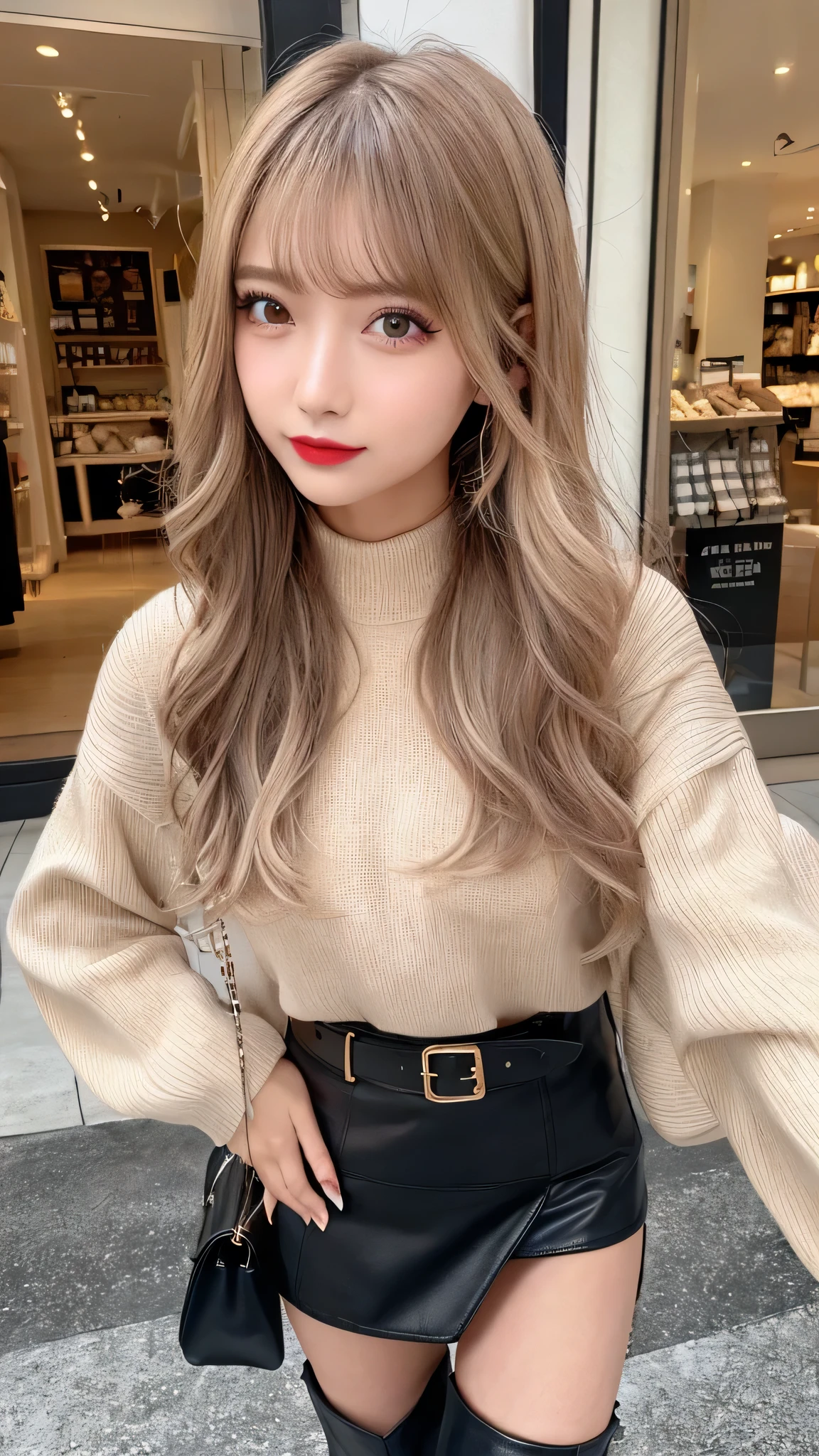 High resolution、blondeヘア、girl、Light Hair Color、Tanned hair、sexy、blonde、Thin legs、Beautiful eyelashes、High resolution、Zoom out、20-year-old、 Wide viewing angles、Highest quality、Very detailed、Finer details、High resolution、8k wallpaper、Beautiful eyes in every detail、Natural lip color、Off-the-shoulder sweater、leather skirt、mini skirt、thigh-high boots、long hair、wave hair、Shopping Centre、Apparel Shop、Emphasize the legs、Cute face、belt、