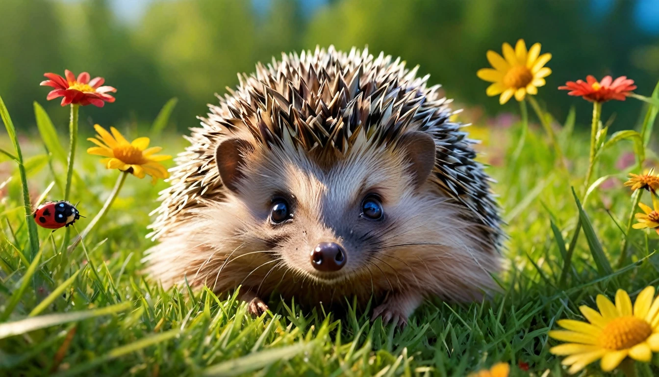 The hedgehog should have a round and chubby body covered with soft, not too spiky quills.
A smiling face with big, sparkling eyes and a tiny, pointy nose.
Small, round ears on top of its head. The hedgehog can be shown exploring its surroundings, perhaps sniffing a flower or searching for food.
Alternatively, the hedgehog could be playfully rolling into a ball or resting comfortably in a cozy nest made of leaves and twigs. Place the hedgehog in a bright and cheerful meadow with green grass, colorful flowers, and a few small, friendly insects like ladybugs or butterflies.
Add a background with soft, rolling hills, a blue sky, and a shining sun. Include a few playful elements such as the hedgehog playing with a small ball or a few bubbles floating in the air around it.Use vibrant and warm colors to make the scene inviting and joyful.
The overall atmosphere should be happy and fun, perfect for capturing the imagination of children.