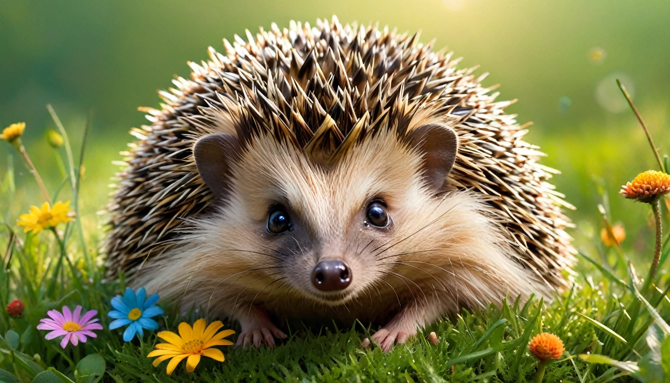 The hedgehog should have a round and chubby body covered with soft, not too spiky quills.
A smiling face with big, sparkling eyes and a tiny, pointy nose.
Small, round ears on top of its head. The hedgehog can be shown exploring its surroundings, perhaps sniffing a flower or searching for food.
Alternatively, the hedgehog could be playfully rolling into a ball or resting comfortably in a cozy nest made of leaves and twigs. Place the hedgehog in a bright and cheerful meadow with green grass, colorful flowers, and a few small, friendly insects like ladybugs or butterflies.
Add a background with soft, rolling hills, a blue sky, and a shining sun. Include a few playful elements such as the hedgehog playing with a small ball or a few bubbles floating in the air around it.Use vibrant and warm colors to make the scene inviting and joyful.
The overall atmosphere should be happy and fun, perfect for capturing the imagination of children.