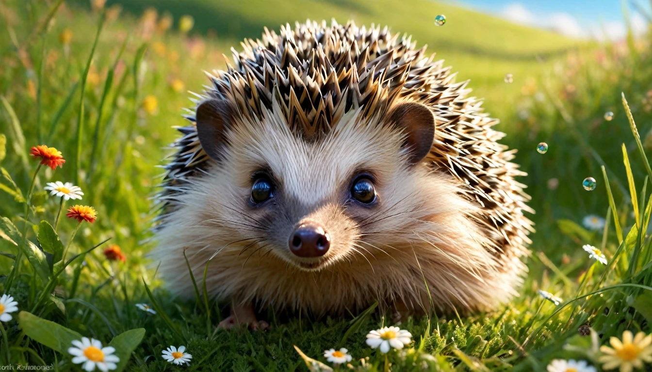 The hedgehog should have a round and chubby body covered with soft, not too spiky quills.
A smiling face with big, sparkling eyes and a tiny, pointy nose.
Small, round ears on top of its head. The hedgehog can be shown exploring its surroundings, perhaps sniffing a flower or searching for food.
Alternatively, the hedgehog could be playfully rolling into a ball or resting comfortably in a cozy nest made of leaves and twigs. Place the hedgehog in a bright and cheerful meadow with green grass, colorful flowers, and a few small, friendly insects like ladybugs or butterflies.
Add a background with soft, rolling hills, a blue sky, and a shining sun. Include a few playful elements such as the hedgehog playing with a small ball or a few bubbles floating in the air around it.Use vibrant and warm colors to make the scene inviting and joyful.
The overall atmosphere should be happy and fun, perfect for capturing the imagination of children.