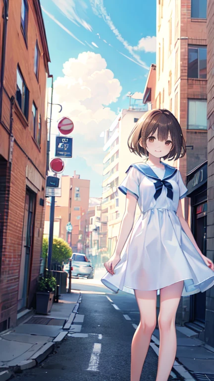 Highest quality, masterpiece, Ultra-high resolution, 8k,Show anime style , One, Soft Line Art, Digital Enhancement, shojo anime touch, shojo manga core, Flowing fabric, close, Soft Drawing, Ultra-Definition Digital Anime Art, Clear facial depiction, Super detailed girl cartoon character art, Ultra-detailed manga style, Highest qualityの色, 
(Short brown hair)), Beautiful brown hair,Clear brown eyes, Slightly chubby,Small breasts,The butt is small,(((A soft smile)), Staring at us from the front,
Summer sky, early summer, (((Blue and white summer outfit)),Cityscape with buildings, Look up at the sky, Angle that allows you to see all the way to your feet
