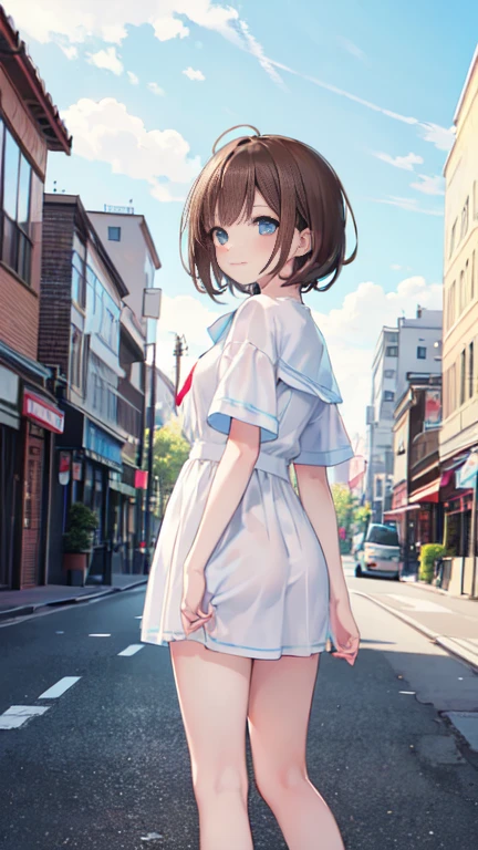 Highest quality, masterpiece, Ultra-high resolution, 8k,Show anime style , One, Soft Line Art, Digital Enhancement, shojo anime touch, shojo manga core, Flowing fabric, close, Soft Drawing, Ultra-Definition Digital Anime Art, Clear facial depiction, Super detailed girl cartoon character art, Ultra-detailed manga style, Highest qualityの色,
(Short brown hair)), Beautiful brown hair,Clear brown eyes, Slightly chubby,Small breasts,The butt is small,(((A soft smile)), Staring at us from the front,
Summer sky, early summer, (((Blue and white summer outfit)),Cityscape with buildings, Look up at the sky, Angle that allows you to see all the way to your feet