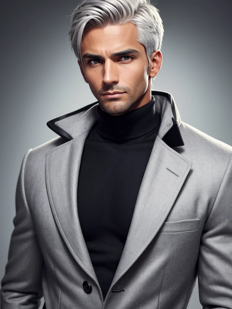 (best quality), 1boy, mature man, 34 years old, tanned skin, silver hair, short hair, hair loosely combed back, brown eyes, perfect eyes, muscular, handsome, small waist, strong jawline, cold expression, black turtleneck, coat jacket, fully clothed, clean face, masterpiece, anatomically correct, highres