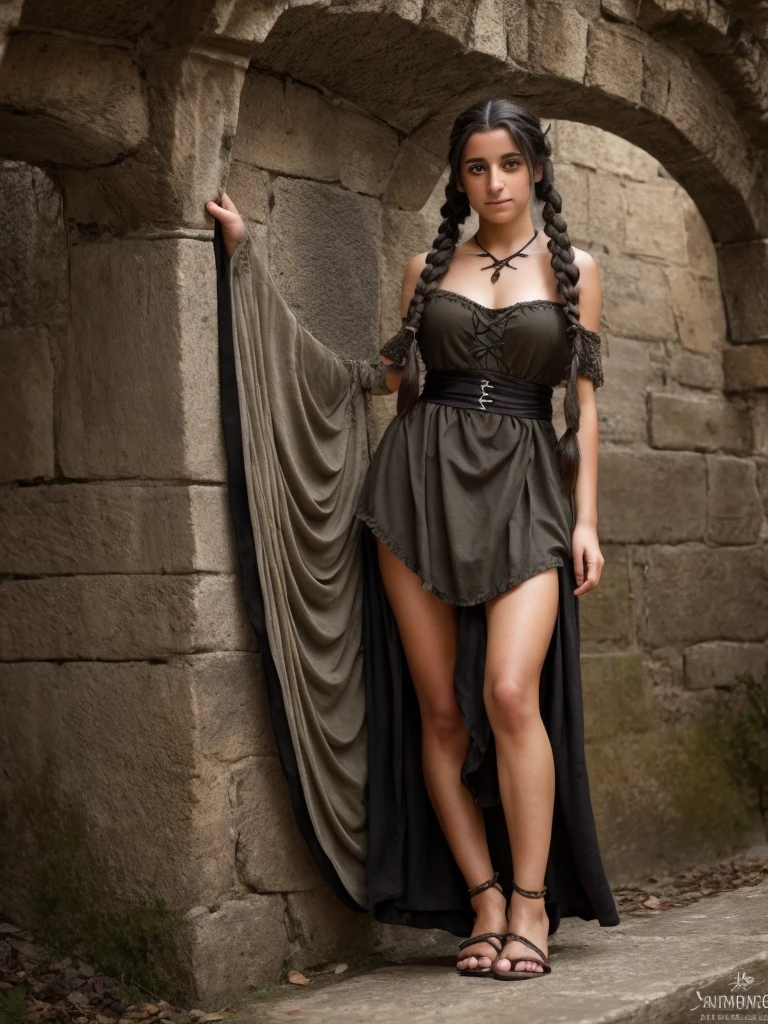 Female, Teen, Olive Skin, Grey Eyes, Long Black French Braided Hair, Medieval Dress, transformation into a harpy, taloned feet