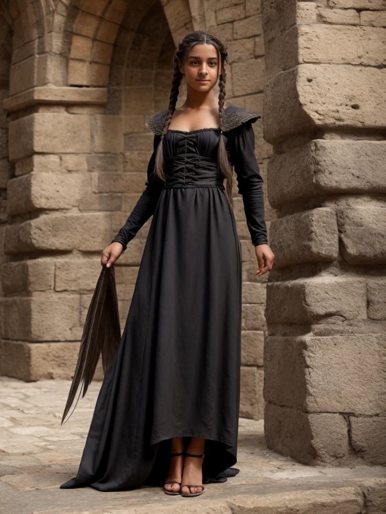 Female, Teen, Olive Skin, Grey Eyes, Long Black French Braided Hair, Medieval Dress, transformation into a harpy, taloned feet