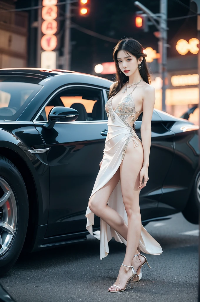 (((best quality))),(((ultra detailed))),(((masterpiece))),illustration,((1girl,gorgeous female model,solo)),((earrings,crystal necklace)),((slim,thin)),((small breasts,flat chest)),(slender legs:1.2),(high heels:1.2),(standing:1.3),(arms behind back:1.3),(beside a sleek futuristic car:1.3),(glamorres sparkled dress:1.3),intricate embellishments,drop-dead gorgeous,(shoulder length straight hair:1.2),vibrant piercing eyes,delicate facial features,rosy cheeks,parted res lips,confident allure,beauty grace,intricate patterns,shimmering fabric,elegant draping,complementary skin tone,radiates beauty,allure,sleek streamlined design,futurism,smooth curves angles,ambient lighting,ethereal aura,intricate patterns,LED lights,glow,sea of activity,(surrounded by crowded crowds:1.3),examine cars,electric atmosphere,cyberpunk style,excitement anticipation,energy palpable,enthusiasm future automobiles,modern elegance,technological innovation,captivating vibrant scene,invite viewers step into future,embrace beauty,((from front,full body))