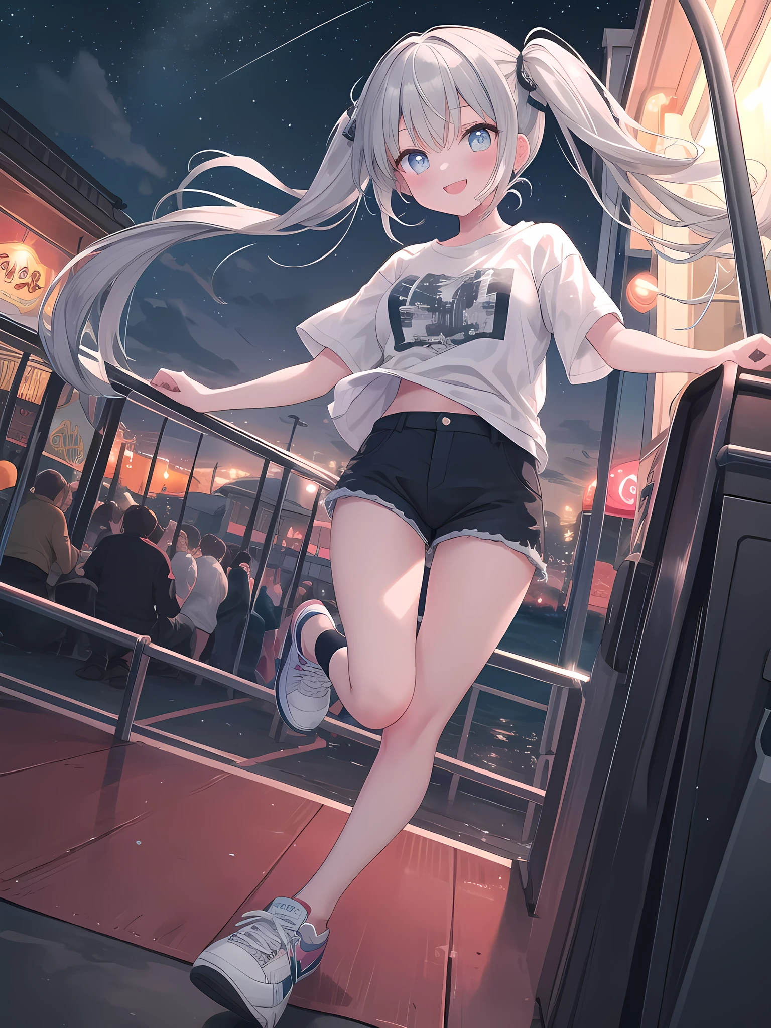 (8k, best quality, master piece: 1.2),super high resolution,1 girl, solo, ((colorshift eyes, hyperdetailed, expressive eyes)), ultra-detailed face, random hair, silver gray color, Ecstatic expression, A Ferris wheel ride at an amusement park at night. The colorful lights of the Ferris wheel shine, and a distant view spreads out before you. A girl with silver twin-tails, casual T-shirt, shorts, and sneakers. She is smiling as she looks out the window on the Ferris wheel.