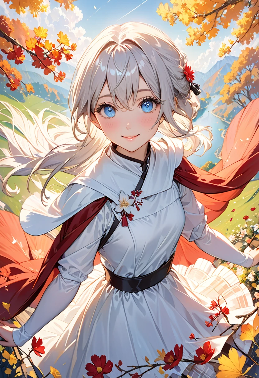 (1girl:1.3),(solo:1.3),(ultra detailed:1.2),(depth of field:1.2),(Amazing, beautiful detailed characters:1.2),(Realistic shadow effects:1.2),8k wallpaper,
BREAK
(cute maiden girl:1.2),(high definition eyes:1.3),(gradation clear vivid glitter pupil cute blue eyes:1.2),(eyes with a faint glint in them:1.3),(white long hair:1.3),bangs,(dignified beautiful face:1.2),hair between eyes,small mouth,(parted lips:1.2),with cute Healthy makeup,middle breasts,
BREAK
(squint smile:1.2),
(looking side:1.2),
BREAK
holding accessory,(White plaid flared skirt on red fabric:1.4),(Brown smock blouse:1.2),(White cape:1.2),(catsuit:1.2),bobby socks,brown loafer,
random pose,
Simple Background,dark brown,Ginkgo biloba,Autumn plants arranged in a circle,cosmos,acorn,Lots of flowers in pastel colors,
(A close-up portrait:1.3),