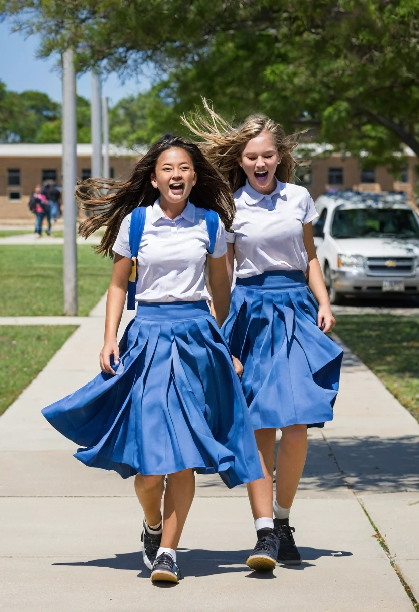 The wind blew the skirts of girls leaving school