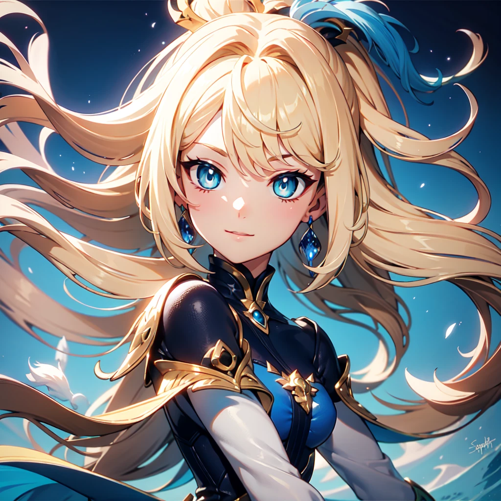 Qualité 4K:1.2,Super belle illustration:1.2,Séraphin,((Six plumes blanches sur le dos)),blond,Coiffures longues,((beaux yeux bleu cobalt:1.2)),nul