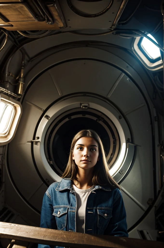 Young woman inside a ship looking into space
