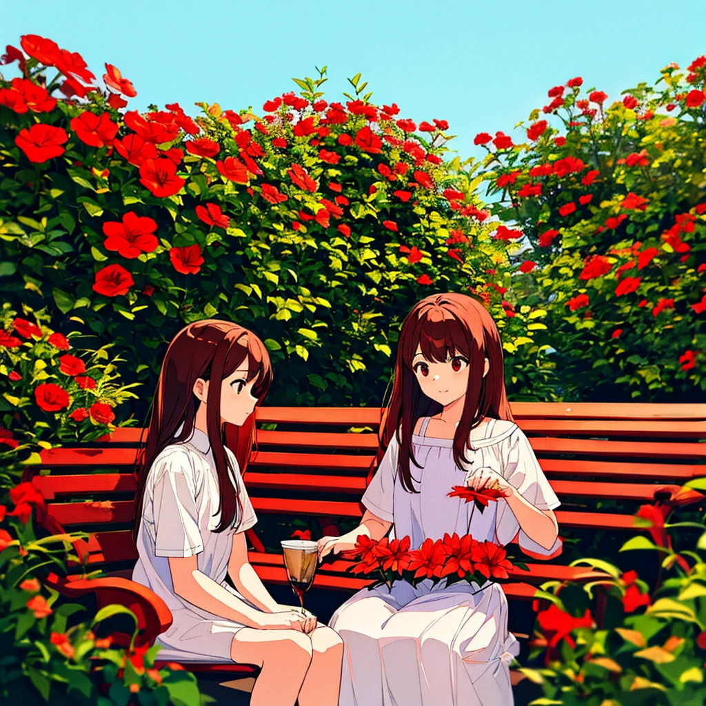 Summer, girl sitting on bench, red flowers, white clothes, brown hair, short