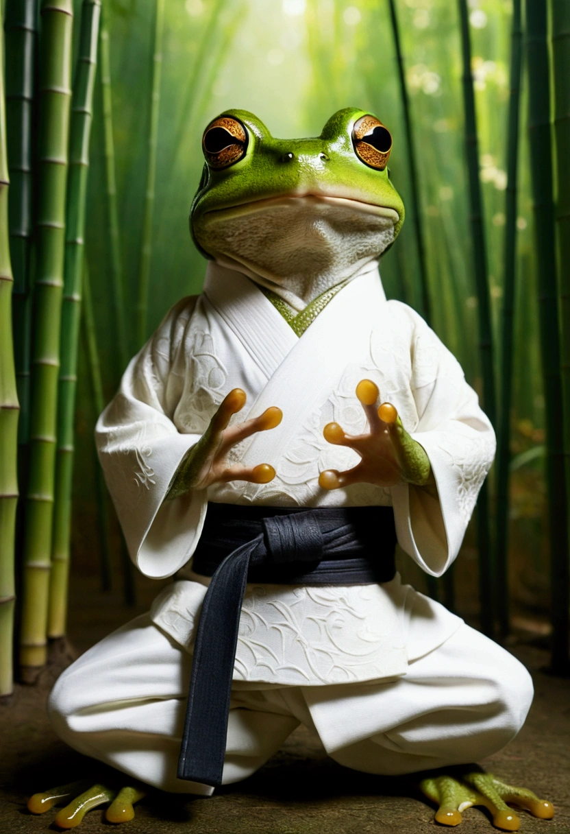 Set in a serene bamboo forest, where is the little one, but the determined frog stands in a karate fighting stance. The frog is dressed in a traditional Japanese kimono with intricate patterns and bright colors., that stand out against the backdrop of the lush green forest.
The Artist Captures the Essence of Kiyekata Kaburagi's Style, paying attention to detail and focusing on atmosphere. The lighting in the scene is soft and atmospheric, casting dappled shadows on the bamboo leaves and creating a feeling of calm.
The frog's facial expression is tense and concentrated, her eyes narrowed, when she gets ready to strike. Her tiny arms are raised in the exact karate pose, demonstrating the artist's skill in conveying movement and form.
Generally, this scene is a whimsical and charming interpretation of nature, combining traditional Japanese elements with martial arts elements. The frog's unexpected valor and determination create a delightful and memorable image., which, undoubtedly, will conquer everyone.