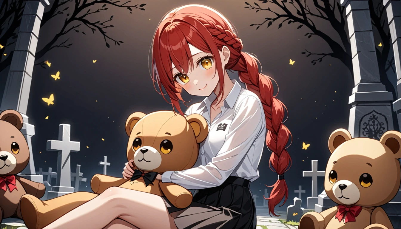 hand, hand, long hair, รอยsmile, smooth, small breasts, (yellow eyes:1.2), braid, red hair, braided ponytail, big eyes,นั่วHug a teddy bear,sexy,full body,Sitting position,Hug a teddy bear,smile,flirt,grave background,ผี
Take a break shirt, long sleeve, white shirt, dress shirt, skirt, black skirt, It&#39;s official., suit, black nightie, lady,
Take a break (Masterpiece:1.2), best quality, high resolution, Harmony wallpaper 8K, (illustration:0.8), (Beautifully detailed eyes:1.6), Very detailed face, perfect lighting, The CG is very detailed., (handที่สมบูรณ์แบบ, perfect anatomy), 