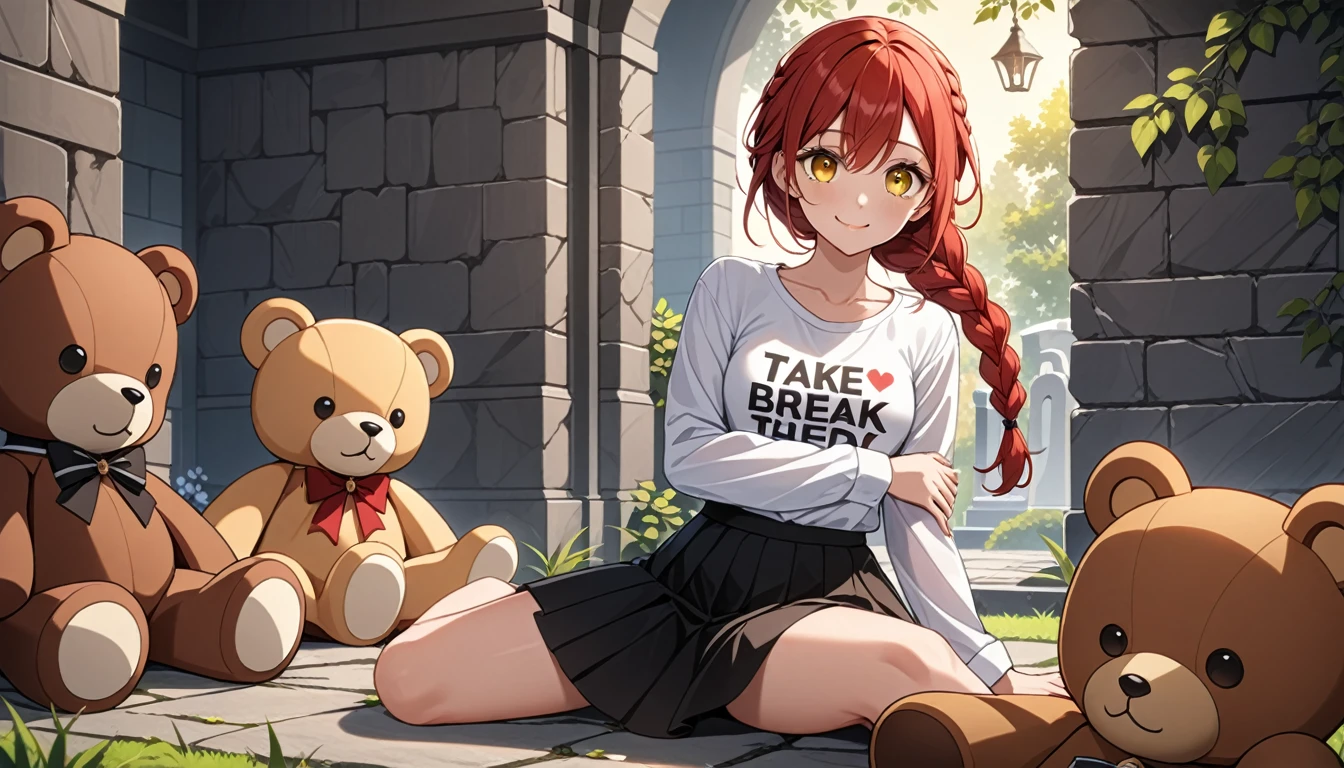 hand, hand, long hair, รอยsmile, smooth, small breasts, (yellow eyes:1.2), braid, red hair, braided ponytail, big eyes,นั่วHug a teddy bear,sexy,full body,Sitting position,Hug a teddy bear,smile,flirt,grave background,ผี
Take a break shirt, long sleeve, white shirt, dress shirt, skirt, black skirt, It&#39;s official., suit, black nightie, lady,
Take a break (Masterpiece:1.2), best quality, high resolution, Harmony wallpaper 8K, (illustration:0.8), (Beautifully detailed eyes:1.6), Very detailed face, perfect lighting, The CG is very detailed., (handที่สมบูรณ์แบบ, perfect anatomy), 