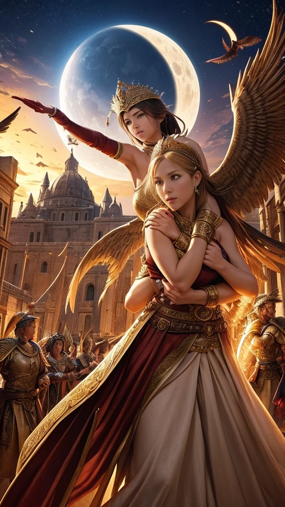 Ancient city , Bible era, pheasant women Is cradling her protecting the , chased by demons, but a brave valiant angel from heaven protects her , guards her, dynamic, pose seen from front, power display , ark light , eclipse in the sky