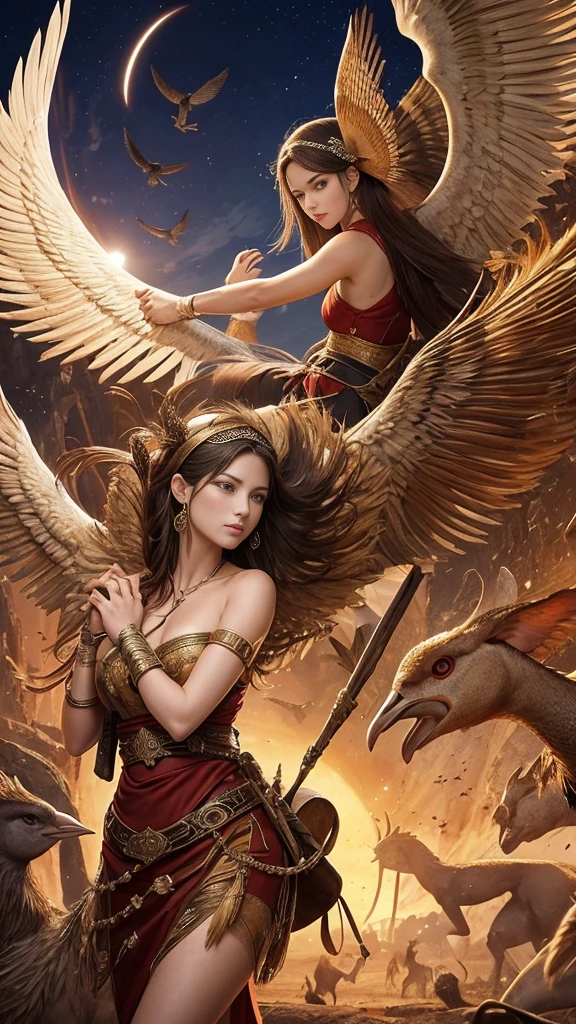 Ancient city , Bible era, pheasant women Is cradling her  protecting the  , chased by demons, but a brave valiant angel from heaven protects her , guards her, dynamic, pose seen from front, power display , ark light , eclipse in the sky