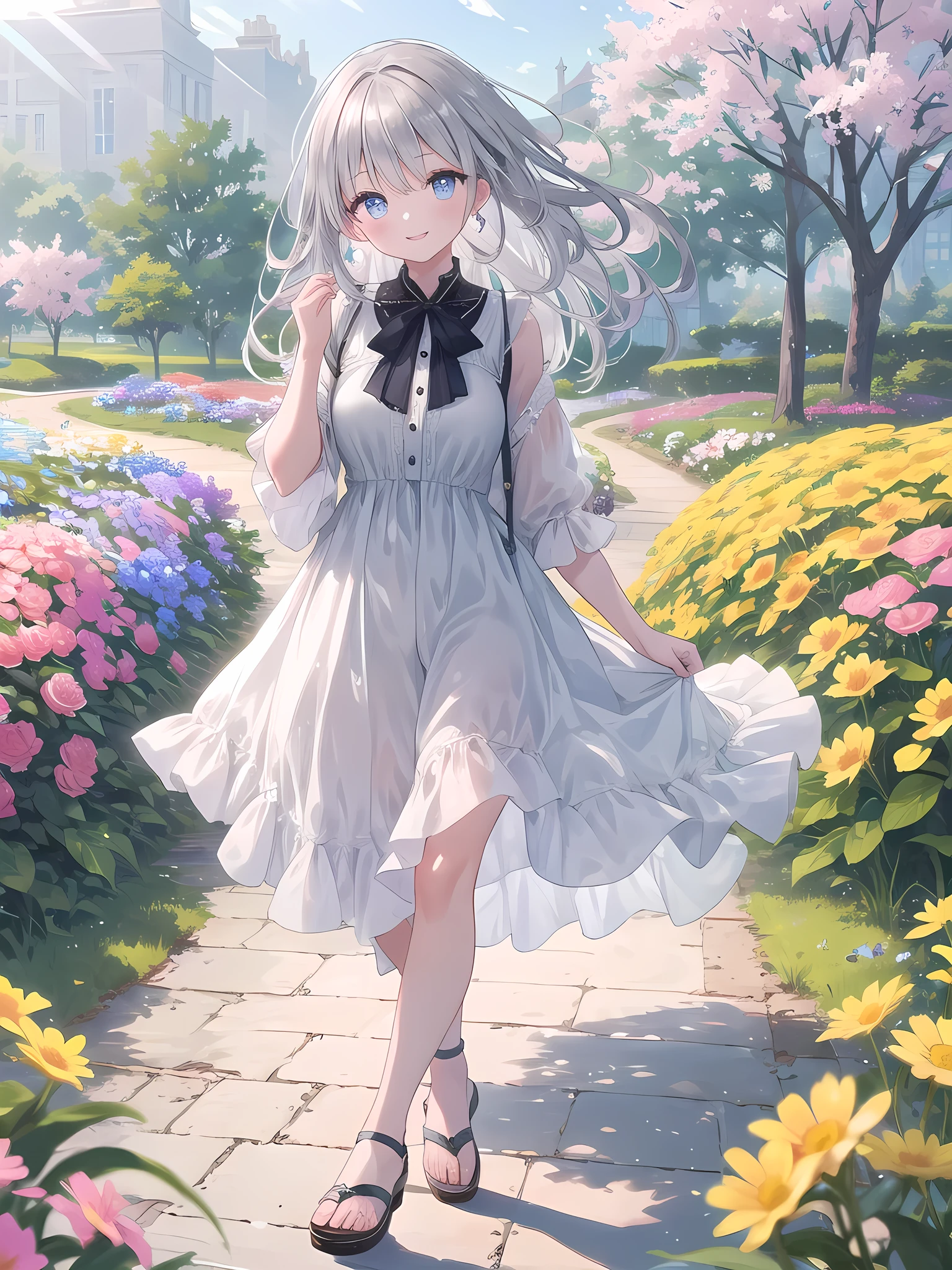 (8k, best quality, master piece: 1.2),super high resolution,1 girl, solo, ((colorshift eyes, hyperdetailed, expressive eyes)), ultra-detailed face, random hair, silver gray color, Ecstatic expression, She is walking through a large flower field where colorful flowers are in full bloom. The spring sunlight shines on the flowers, and the wind is blowing. She has long, straight silver hair, a simple dress, and sandals. She is smiling happily while picking flowers.