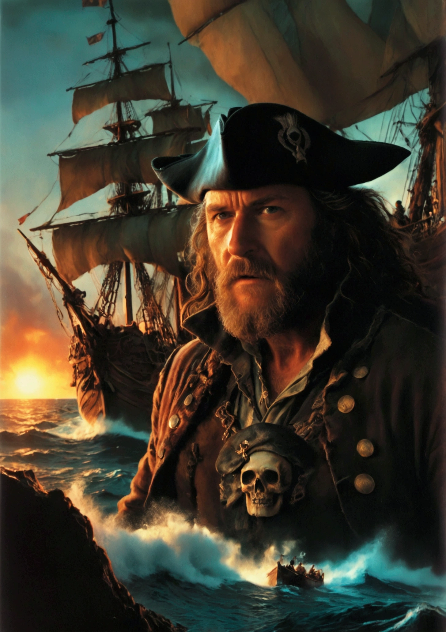 Captain Ragnar commanded the feared pirate ship, dvd screenshot, cinematic lighting, 1980s video, realistc, vhs