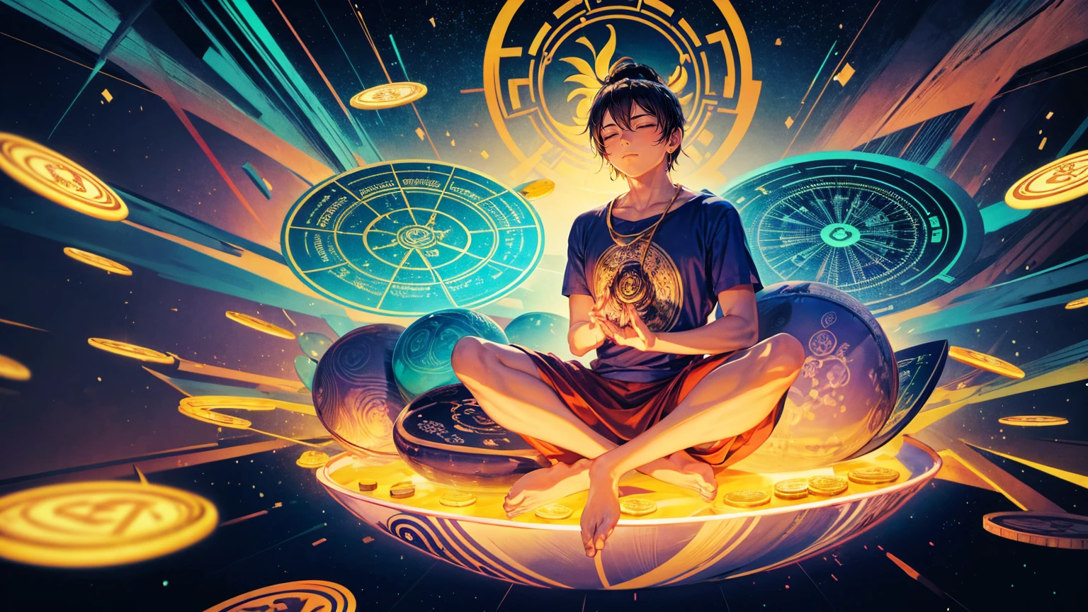 Create an illustration of the Buddha meditating in lotus position with his hands spread out, wearing blue t-shirt that says ".Compute high, sell low pro" , surrounded by colorful charts and graphs showing bitcoin's trends, floating above him is golden halo, coins flying around in background, The scene should have psychedelic colors and dreamlike elements, giving it a surrealistic feel,