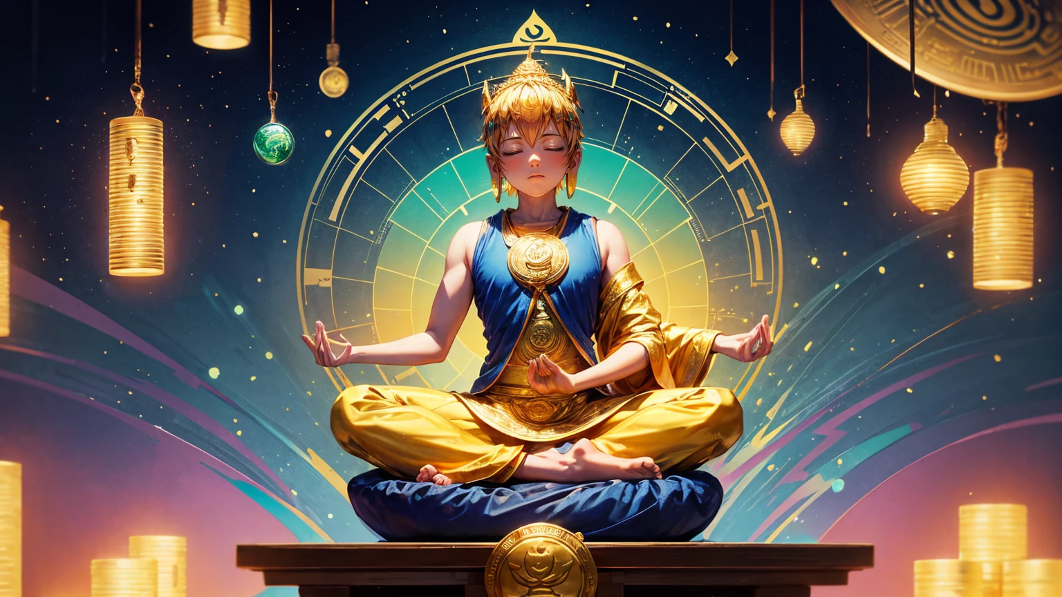 Create an illustration of the Buddha meditating in lotus position with his hands spread out, wearing blue t-shirt that says ".Compute high, sell low pro" , surrounded by colorful charts and graphs showing bitcoin's trends, floating above him is golden halo, coins flying around in background, The scene should have psychedelic colors and dreamlike elements, giving it a surrealistic feel,