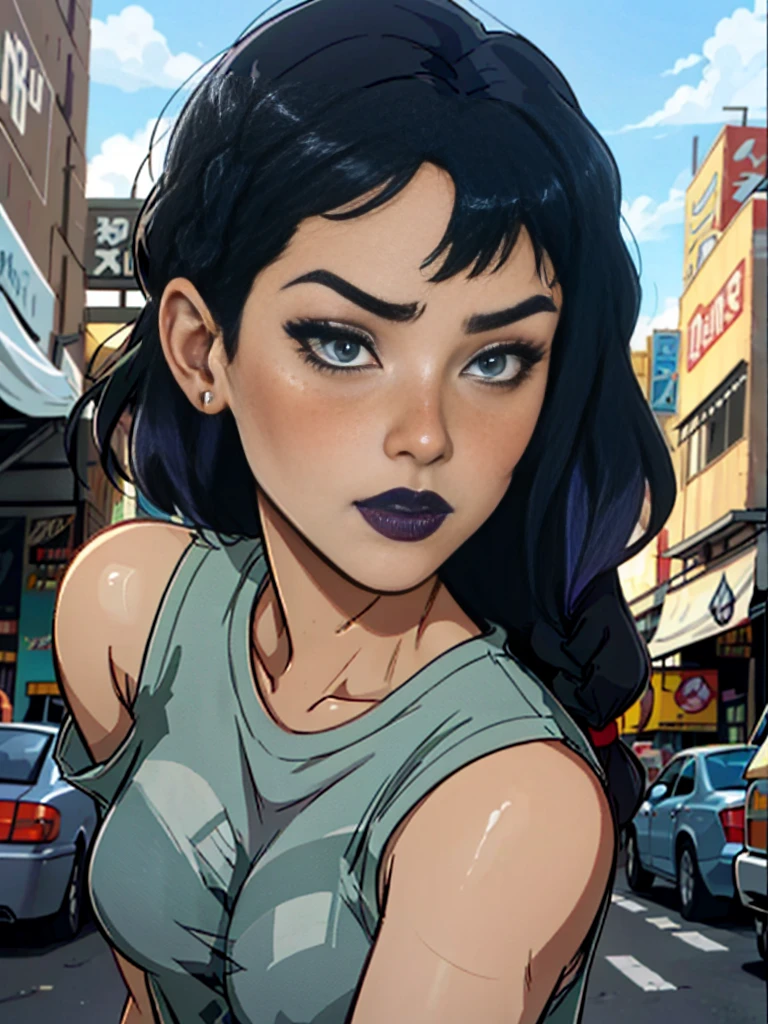 Close up of an supermodel woman face, Asian , at a busy cluttered city street background, daytime, pale blue eyes, detailed long purple hair with braided hair, freckles, blushing, pouting expression, single eyebrow raised, eye shadow, black lipstick, pierced eyebrow, big tits, wearing a loose baggy tshirt crop top, looking to the side, comic book style, flat shaded, prominent comic book outline linework