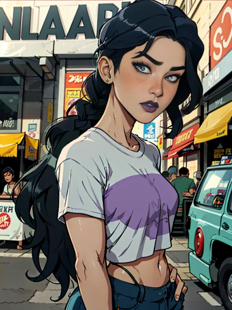 Close up of an supermodel woman face, Asian , at a busy cluttered city street background, daytime, pale blue eyes, detailed long purple hair with braided hair, freckles, blushing, pouting expression, single eyebrow raised, eye shadow, black lipstick, pierced eyebrow, big tits, wearing a loose baggy tshirt crop top, looking to the side, comic book style, flat shaded, prominent comic book outline linework