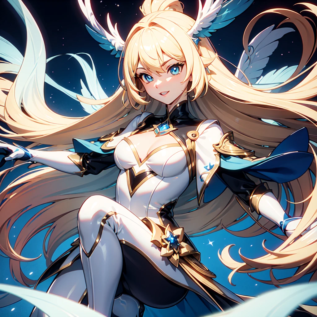 Qualité 4K:1.2,Super belle illustration:1.2,Séraphin,((Six plumes blanches sur le dos)),blond,Coiffures longues,((beaux yeux bleu cobalt:1.2)),nul