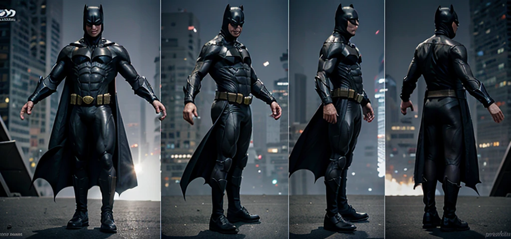 batman in black suit, batman character in DC comic (best quality), (photo-realistic:1) character design sheet, character turnaround, one character in different poses, different angles, fullbody,