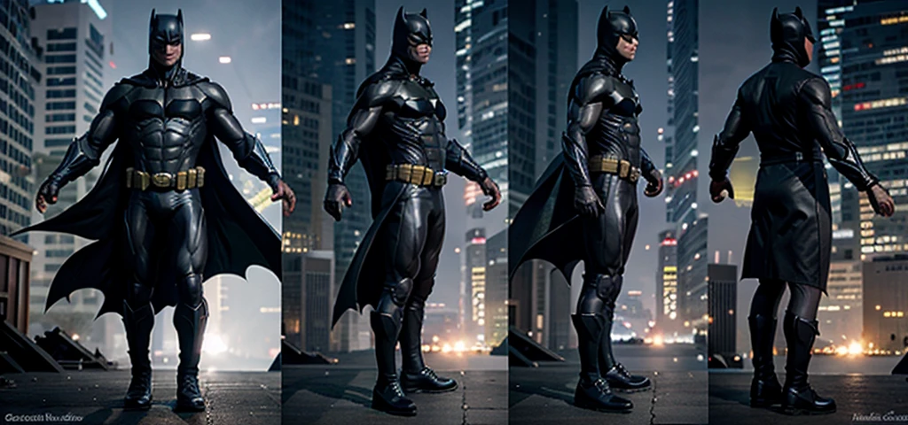 batman in black suit, batman character in DC comic (best quality), (photo-realistic:1) character design sheet, character turnaround, one character in different poses, different angles, fullbody,