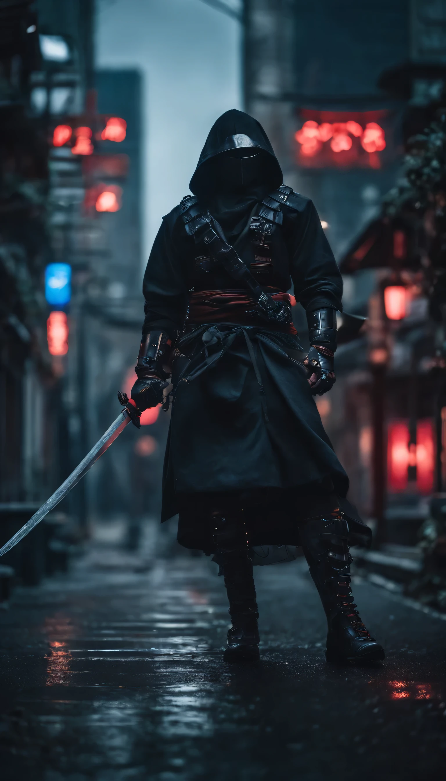 ninja shinobi cyberpunk cyborg robot .sitting on a tree branch.big thighs, at night, yasuke.Ninja wearing a hat. Cyborg shinobi. Red eyes, devil mask, rain. The dark night. Equipped with Sword at the back. Katana is in the back. Robots. Gear. screws. lamp. wire in the back. Catch monsters in alley.real. Tokyo. UE5 CGI
