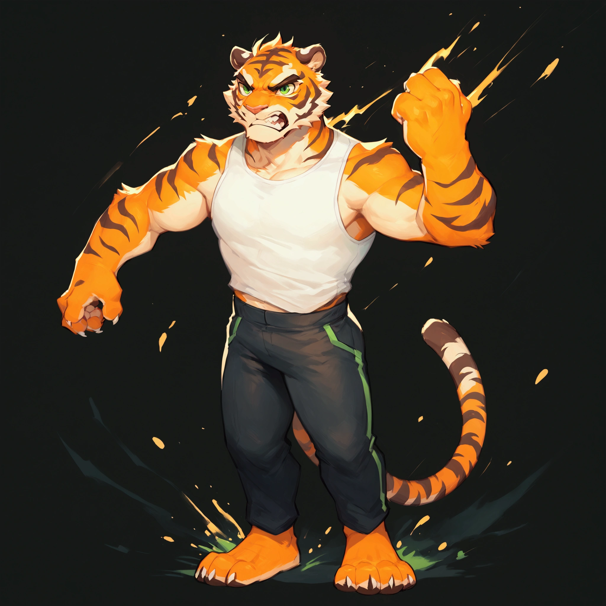 score_9, score_8_up, score_7_up, score_6_up, 1tiger, he has green eyes, he has 4 fingers and sharp claws, he wears white top and black pants, he is furious, he jumps and attacks, he is in the middle of fight, wind and dust are around him
