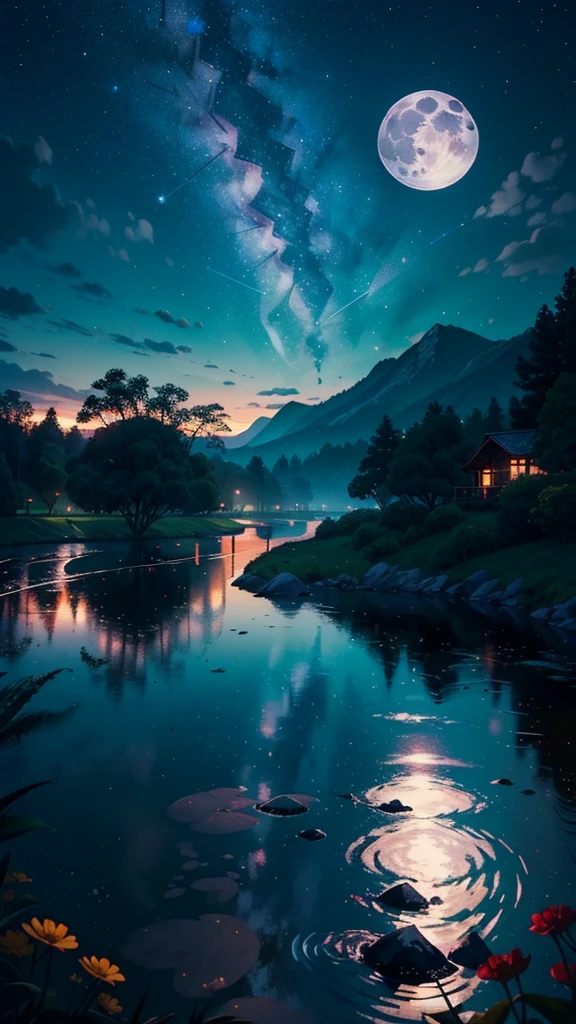 master part, gorgeous, Landscape, (((DDIM_HumaDDIMs))), Noite, flor, Jardim, Starry sky, constellations,((Full Moon)) , atordoante, vista, water, quente, aconchegante, peaceful, Meteoro, cosmico, Magic, magia, particuls, Justo, ((Pirilampos))