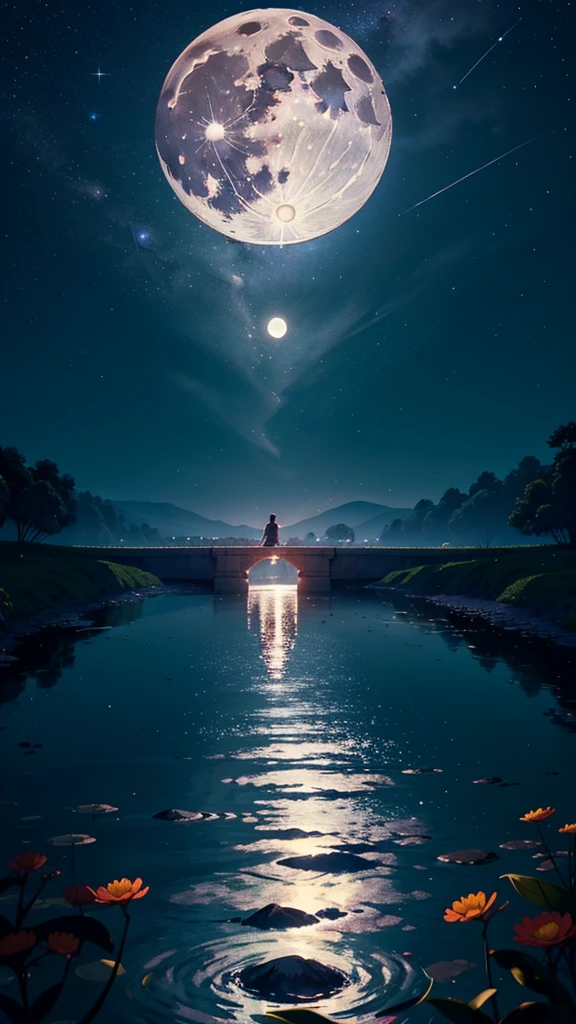 master part, gorgeous, Landscape, (((DDIM_HumaDDIMs))), Noite, flor, Jardim, Starry sky, constellations,((Full Moon)) , atordoante, vista, water, quente, aconchegante, peaceful, Meteoro, cosmico, Magic, magia, particuls, Justo, ((Pirilampos))