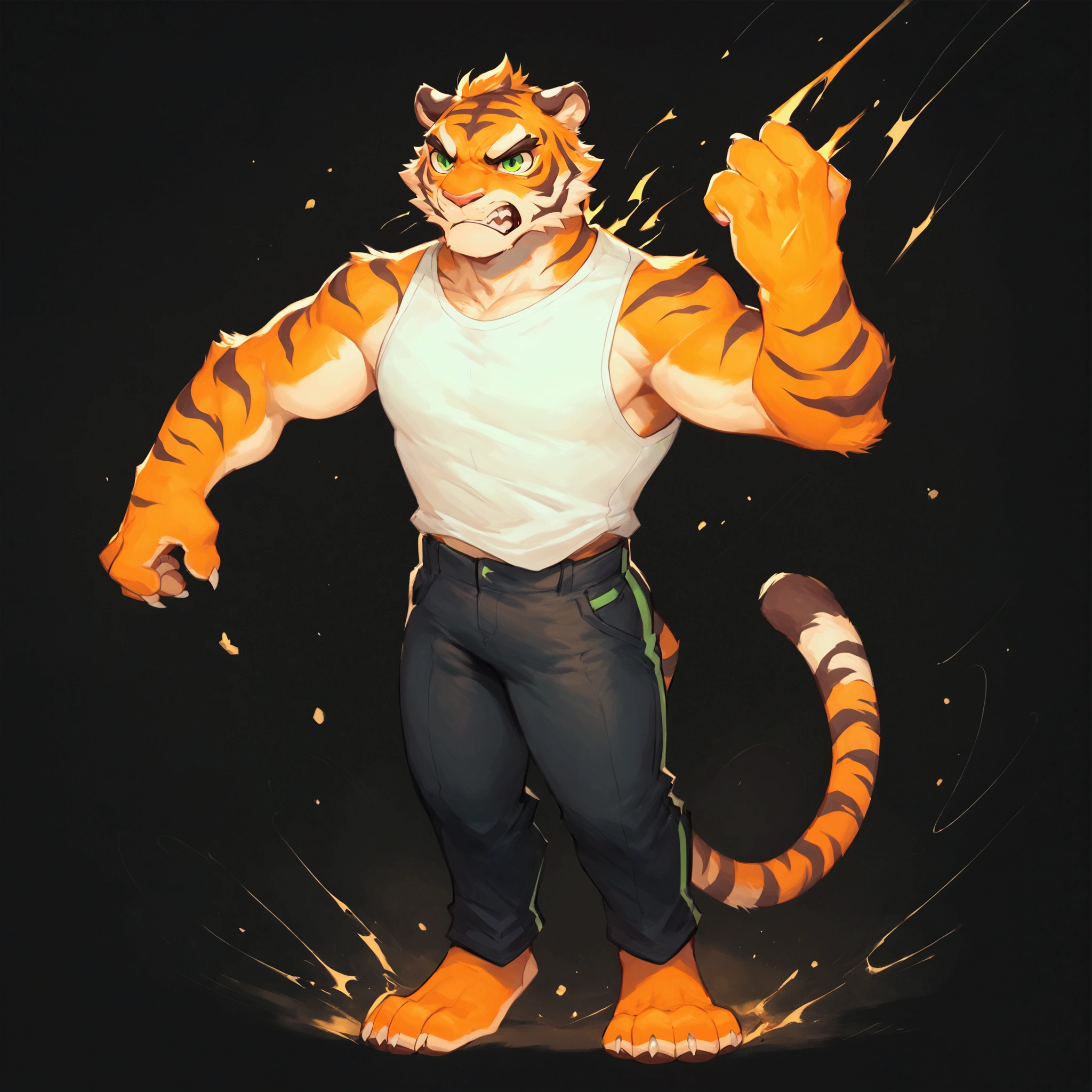 score_9, score_8_up, score_7_up, score_6_up, 1tiger, he has green eyes, he has 4 fingers and sharp claws, he wears white top and black pants, he is furious, he jumps and attacks, he is in the middle of fight, wind and dust are around him