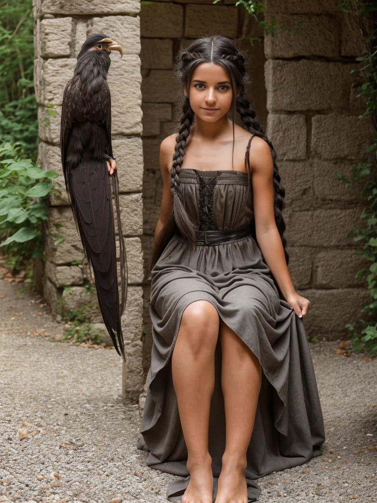 Female, , Olive Skin, Grey Eyes, Long Black French Braided Hair, Medieval Dress, transformation into a harpy, taloned feet