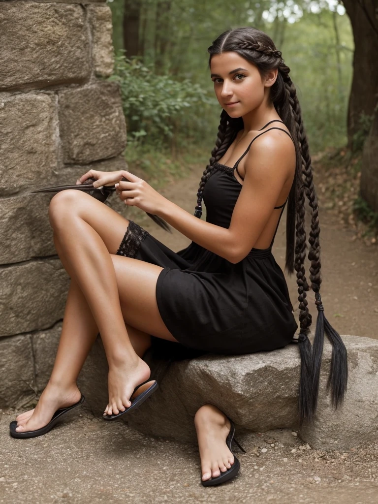Female, Teen, Olive Skin, Grey Eyes, Long Black French Braided Hair, Medieval Dress, transformation into a harpy, taloned feet