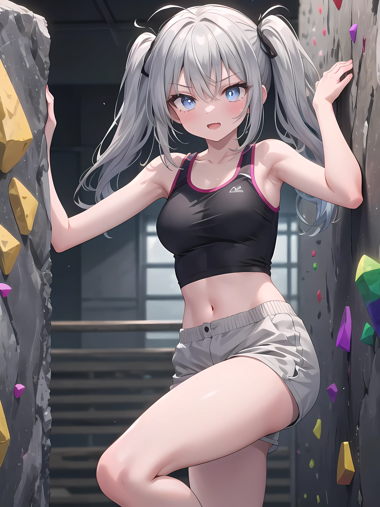 (8k, best quality, master piece: 1.2),super high resolution,1 girl, solo, ((colorshift eyes, hyperdetailed, expressive eyes)), ultra-detailed face, random hair, silver gray color, Ecstatic expression,She is climbing the wall at an indoor bouldering gym. There are colorful holds lined up, and she is taking on a challenging height. She has silver twin-tails, a tank top and climbing shorts. She has a serious look on her face as she climbs, aiming for the top.