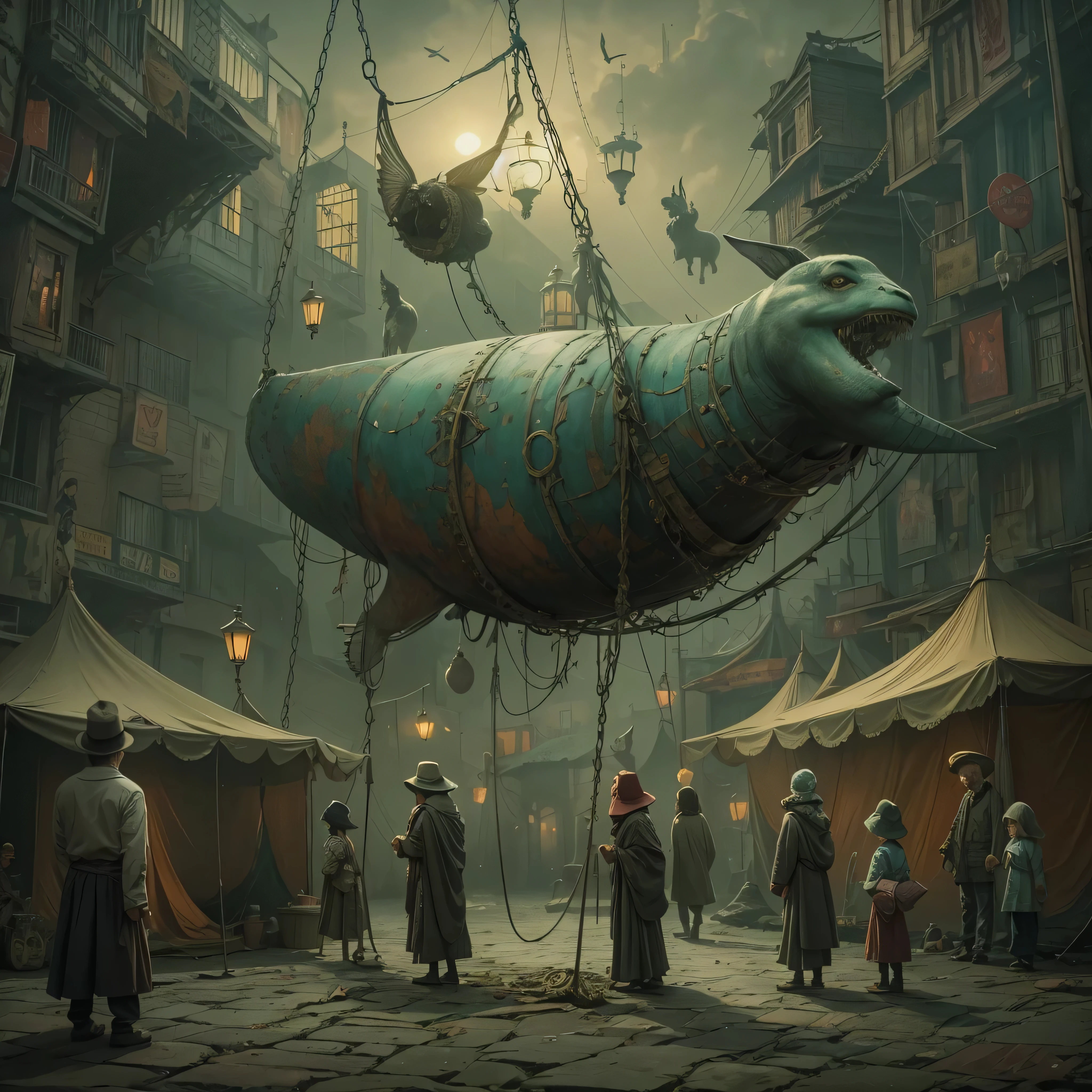 “A traveling circus, with surreal-looking tents and stalls, settles in a dark and decaying city. acrobats, jugglers and tamers of fantastic creatures perform their acts, while the audience watches with curious and apprehensive looks. There's a sense of magic, but also of restlessness, hovering over this mysterious and dreamlike world.”
Neste prompt, I sought to incorporate key elements of Shaun Tan's work, SOM:
Scenes and environments full of symbolism and a melancholic atmosphere Characters and creatures with a strange and mysterious appearance A visual narrative that evokes feelings of restlessness and estrangement