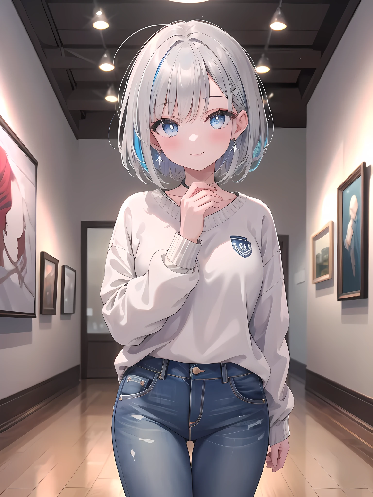 (8k, best quality, master piece: 1.2),super high resolution,1 girl, solo, ((colorshift eyes, hyperdetailed, expressive eyes)), ultra-detailed face, random hair, silver gray color, Ecstatic expression,She is admiring paintings in a quiet art museum. The high ceilings and beautiful paintings are in the background. She has silver bob hair and wears a casual sweater and jeans. She is smiling serenely at the camera.