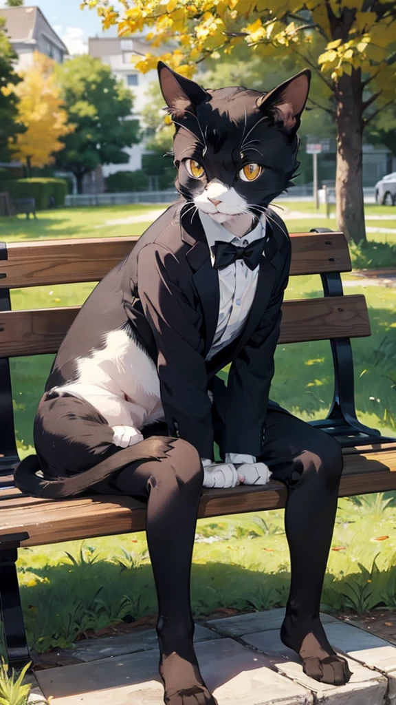 Small tuxedo cat sitting on a bench, in the nature, warm colours