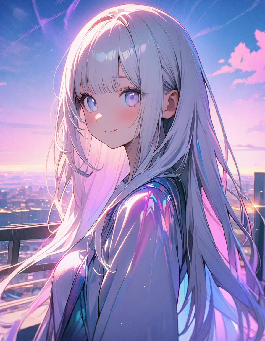 (8K, best quality, master piece: 1.2),super high resolution,1 girl is Aphrodite,solo,18yo,detailed cute face, pretty baby face, ultra cute kawaii, smile,detailed eyes,white hair,long hair,straight hair,(iridescent light:1.4),立っている,Sky Bridge