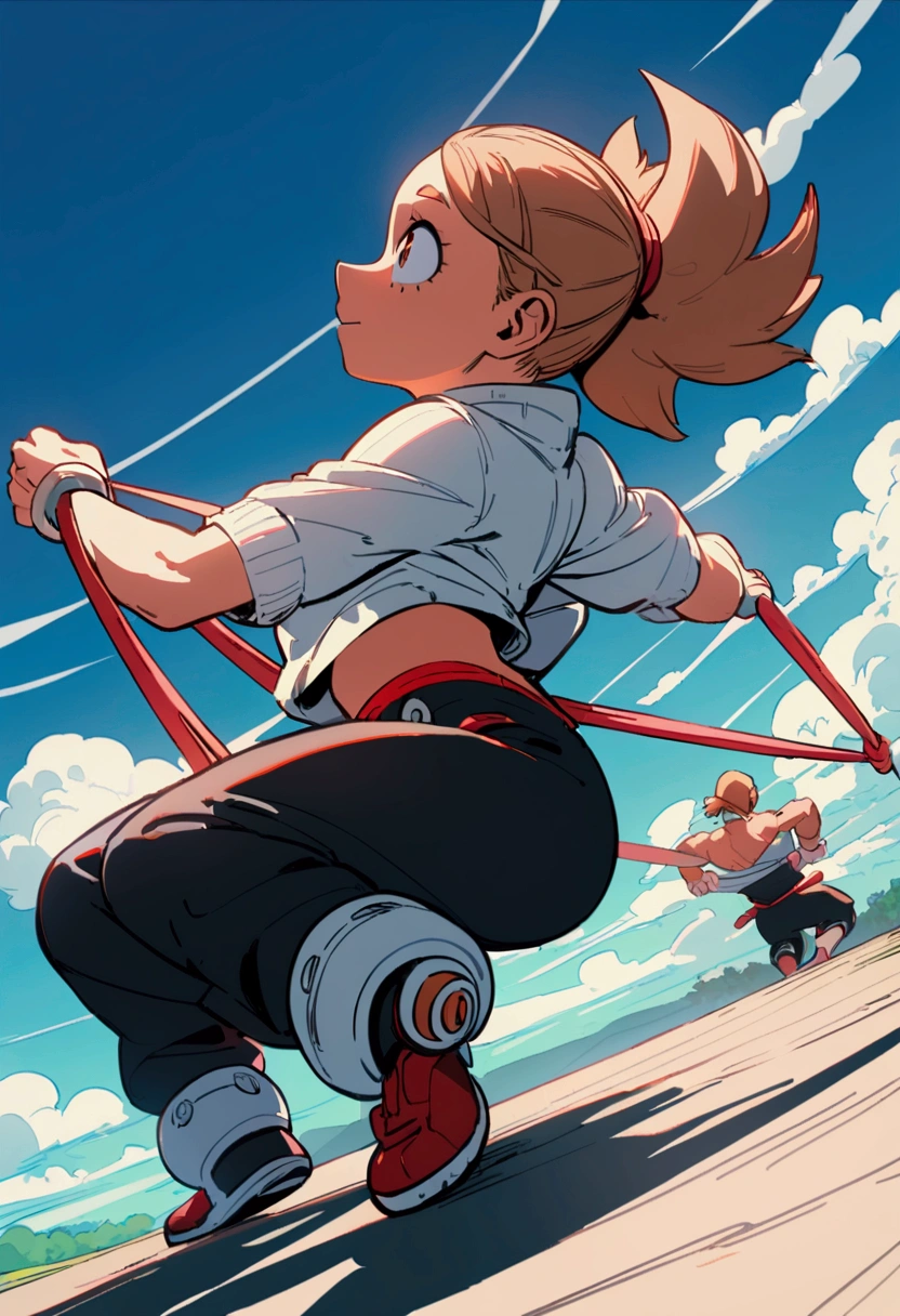 ochako from my hero academia , full body , tug of war sport, leaning back, side profile, perspective .